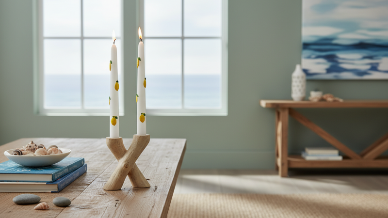 2 Candele Coniche con Limoni in cera  - Diametro 2,2 cm Altezza 25 cm - Colore Bianco