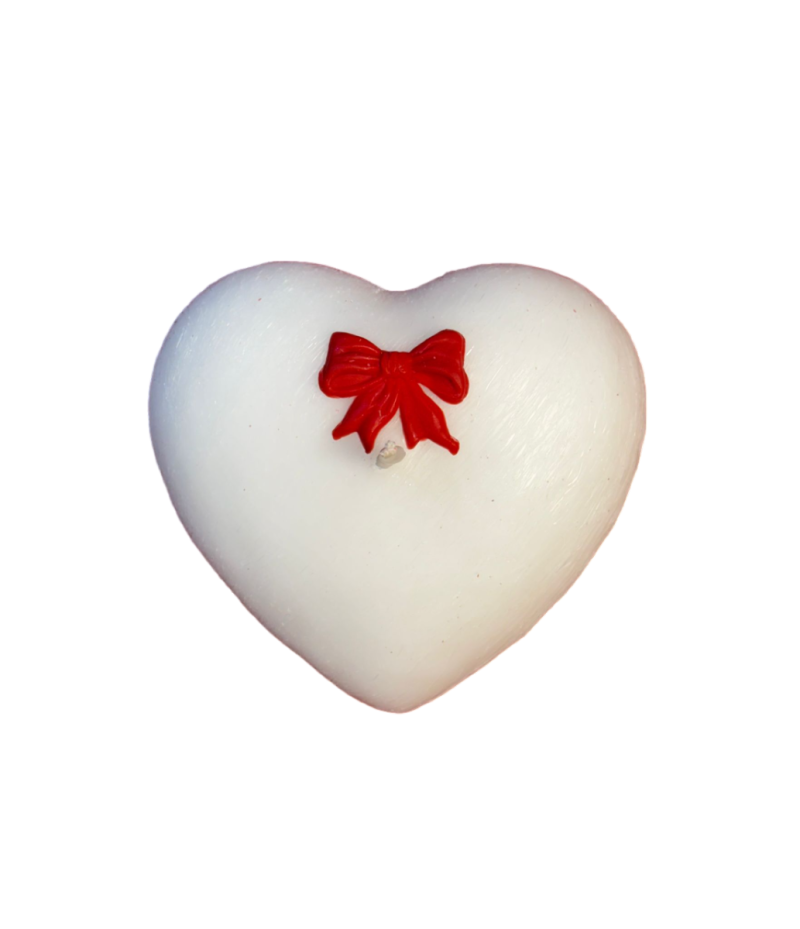 Candela a forma di Cuore Graffiato - Bianco- con fiocco Rosso - 10x5 cm