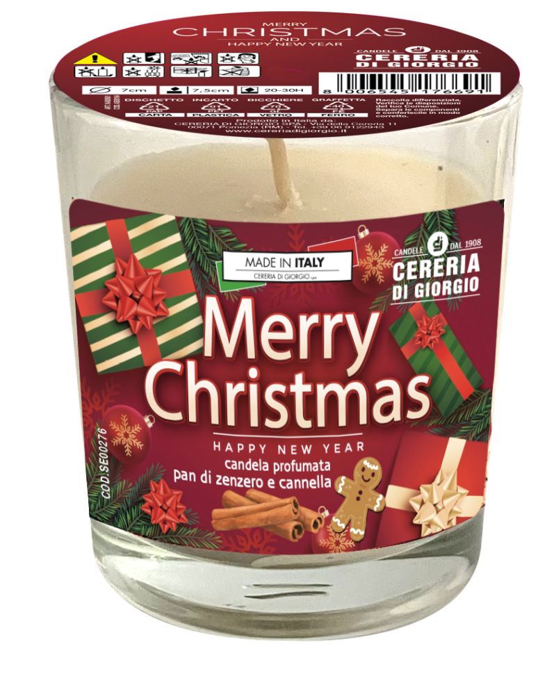 Candela in bicchiere diam. 7 cm h. 7,5 cm profumata alla cannella e pan di zenzero - Merry Christmas