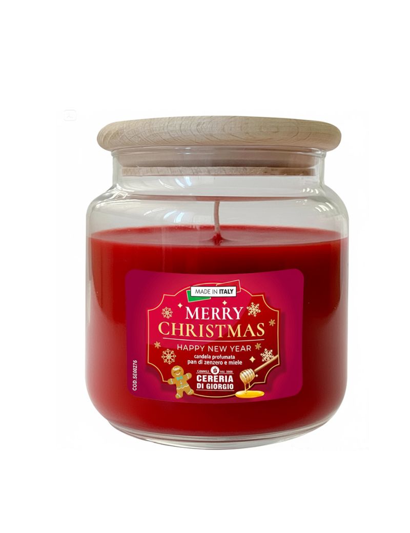 Candela in giara diam. 10 cm h. 11 cm profumata al miele e pan di zenzero con coperchio di legno - Merry Christmas