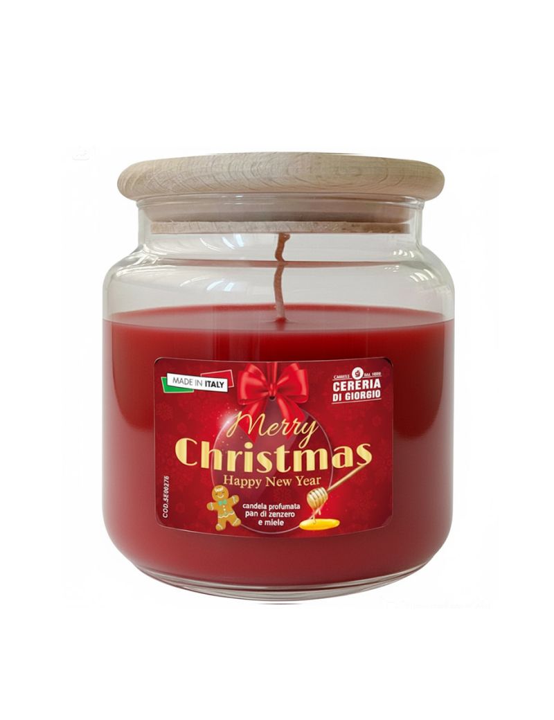 Candela in giara diam. 10 cm h. 11 cm profumata al miele e pan di zenzero con coperchio di legno - Merry Christmas