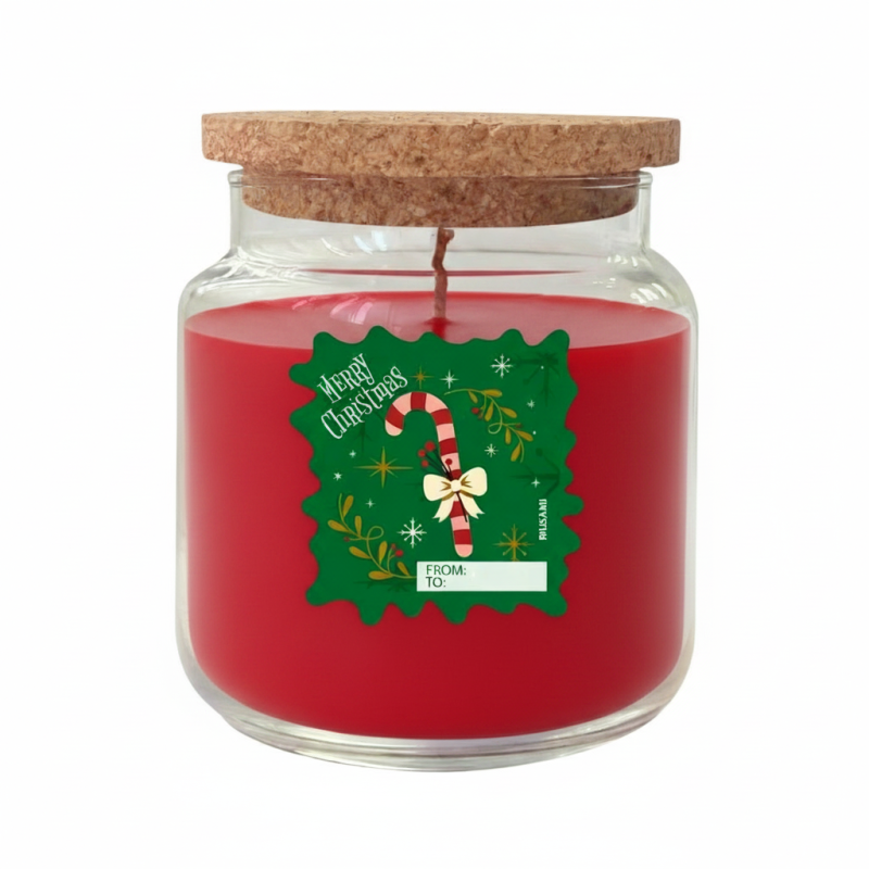Candela in giara diam. 10 cm h. 11 cm profumata zenzero e cannella con coperchio in sughero- Merry Christmas