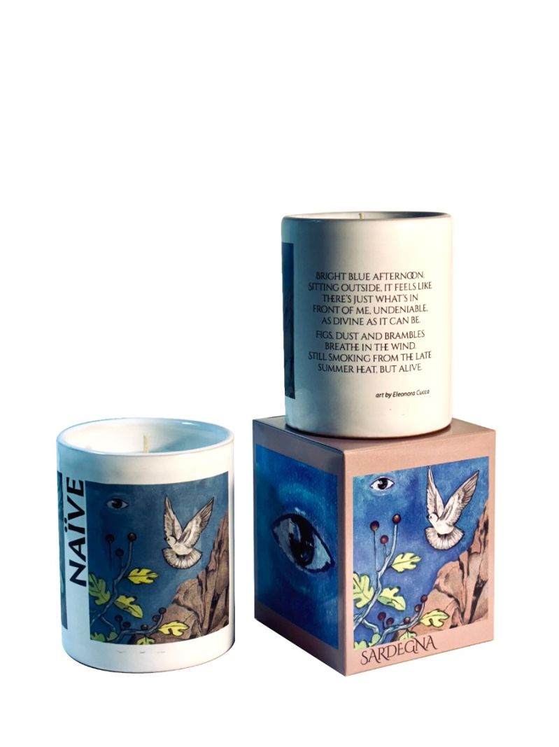 Candela Vegetale Vegana profumata in bicchiere in vaso di porcellana con decorazione artistica - Collezione Naive - Sardegna- 44 ORE